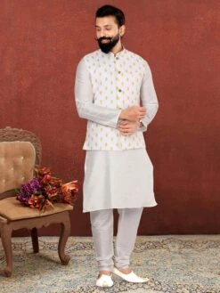Off White Colour Kurta Pajama Jacket In Dupion Silk Fabric.