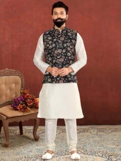 Mens Designer Kurta Pajama Jacket Off White,Black Colour.