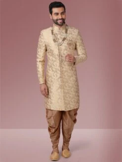 Designer Mens Indowestern Golden Colour In Jacquard,Brocade Silk Fabric.