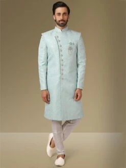Sky Blue Colour Designer Mens Indowestern In Jacquard,Brocade Silk Fabric.