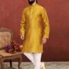 Yellow Colour Jacquard,Silk Fabric Mens Kurta Pajama.
