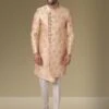 Cream,Peach Colour Mens Indowestern In Jacquard,Brocade Silk Fabric.