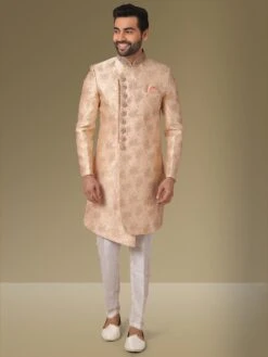 Cream,Peach Colour Mens Indowestern In Jacquard,Brocade Silk Fabric.