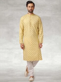 Yellow Colour Cotton Kurta Pajama In Printed Work.