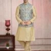 Turquoise,Golden Colour Banarasi Silk Kurta Pajama Jacket. -Riwaayat Store prc3370