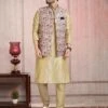 Cream,Golden Colour Banarasi Silk Fabric Kurta Jacket Set. -Riwaayat Store prc3371