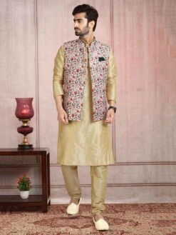 Cream,Golden Colour Banarasi Silk Fabric Kurta Jacket Set.