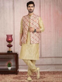 Cream,Golden Colour Banarasi Silk Kurta Pajama Jacket.