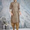 Beige Colour Pathani Kurta Pajama In Banarasi Silk Fabric.