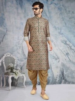 Beige Colour Pathani Kurta Pajama In Banarasi Silk Fabric.