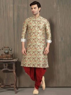 Green Colour Designer Kurta Pajama In Banarasi Silk Fabric.