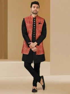 Maroon,Black Colour Party Wear Indowestern In Banarasi Silk Fabric.