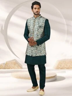 Green Colour Banarasi Silk Fabric Mens Indowestern.