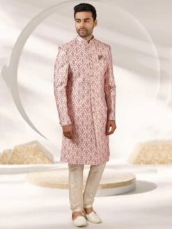 Light Pink Colour Banarasi Silk Fabric Mens Sherwani.