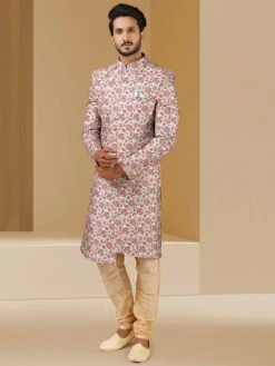 Pista Green Colour Designer Sherwani Banarasi Silk Fabric.
