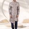 Grey Colour Banarasi Silk Fabric Mens Sherwani.