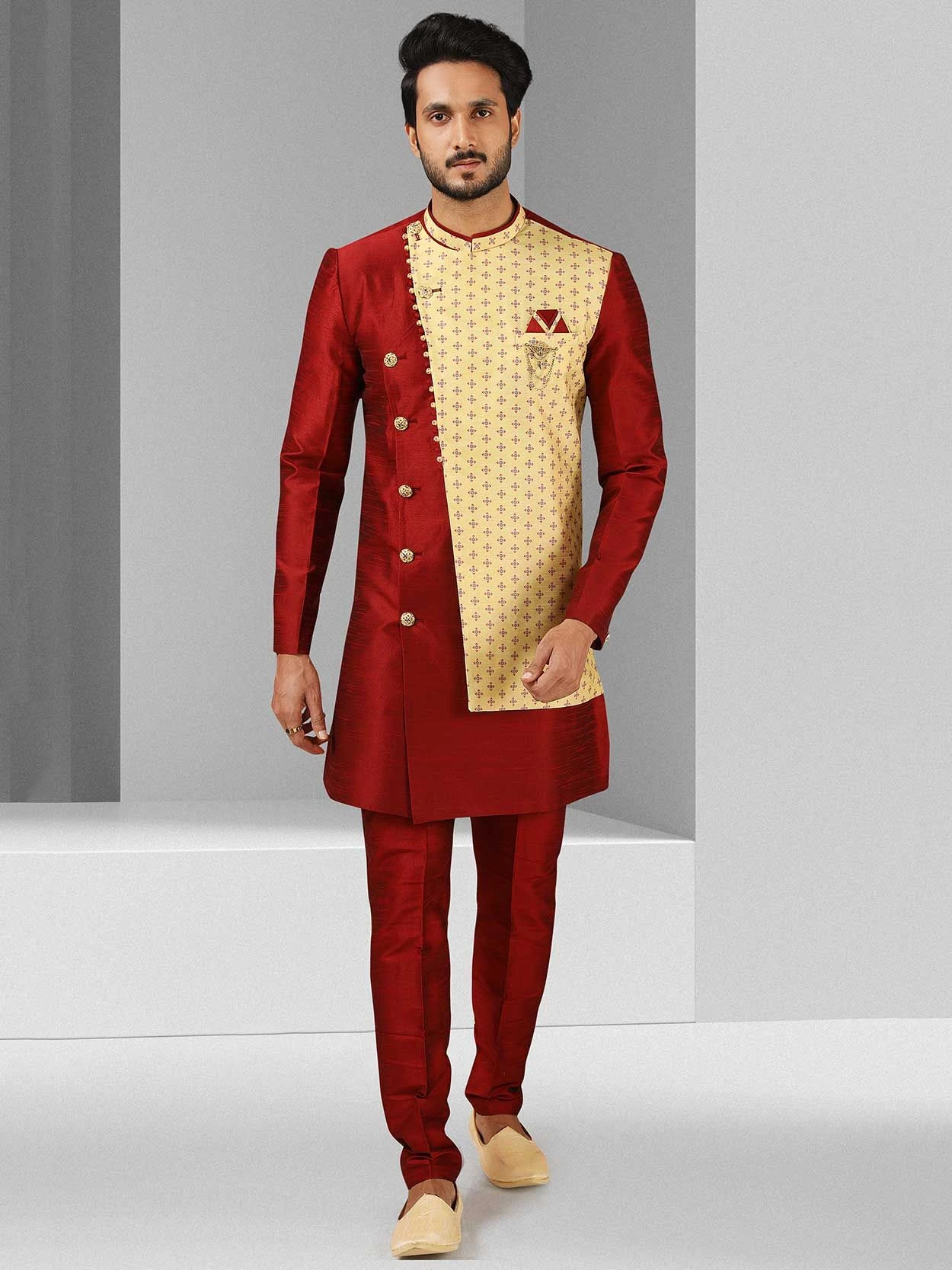 Maroon Colour Art Silk Fabric Mens Indowestern. 3 Maroon Colour Art Silk Fabric Mens Indowestern.