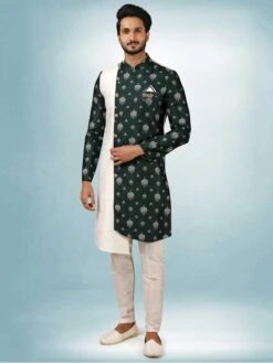 Off White,Green Colour Mens Indowestern In Art Silk Fabric.