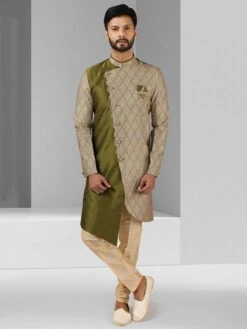 Green Colour Indian Designer Mens Indowestern In Art Silk Fabric.