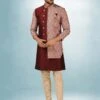 Wine Colour Party Wear Mens Indowestern In Art Silk Fabric.