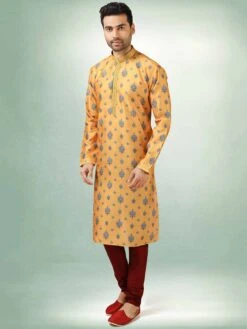 Yellow Colour Art Silk Fabric Mens Kurta Pajama.