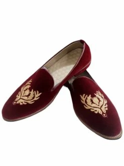 Maroon Colour Velvet Fabric Mens Groom Shoes.