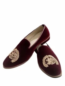 Maroon Colour Mens Groom Shoes In Velvet Fabric.