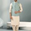 Off White,Green Colour Mens Kurta Pajama Jacket. -Riwaayat Store prc3697