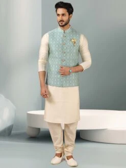 Off White,Green Colour Mens Kurta Pajama Jacket.