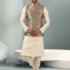 Off White,Brown Colour Mens Kurta Pajama Jacket In Jacquard,Banarasi Silk Fabric. -Riwaayat Store prc3704