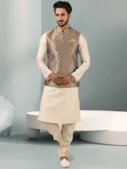 Off White,Brown Colour Mens Kurta Pajama Jacket In Jacquard,Banarasi Silk Fabric.