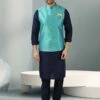 Blue Colour Jacquard,Banarasi Silk Fabric Mens Kurta Jacket. -Riwaayat Store prc3706