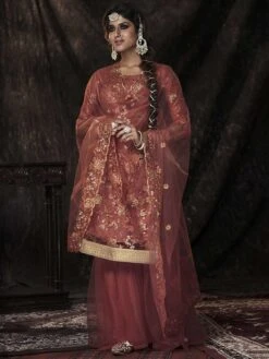 Rust Colour Designer Sharara Salwar Kameez In Net Fabric.
