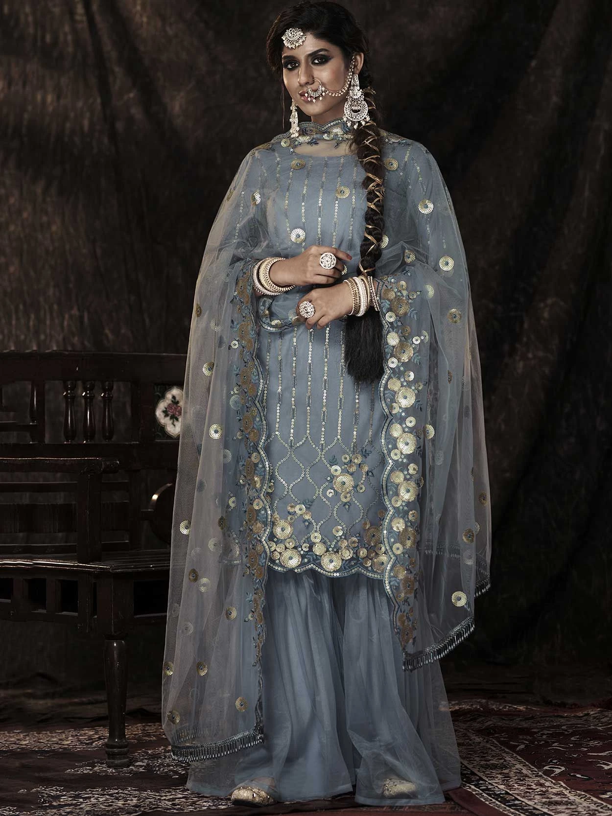 Grey Colour Net Fabric Salwar Kameez. 3 Grey Colour Net Fabric Salwar Kameez.