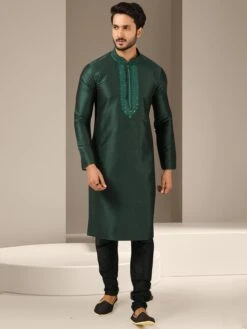 Green Colour Kurta Pajama In Banarasi Silk Fabric.
