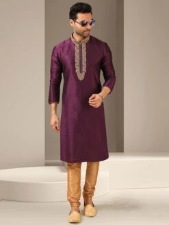 Purple Colour Designer Kurta Pajama In Banarasi Silk Fabric.