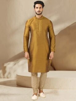 Golden,Yellow Colour Mens Kurta Pajama In Banarasi Silk Fabric.