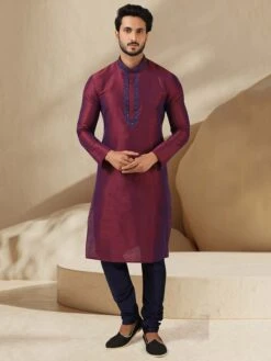 Magenta,Blue Colour Mens Kurta Pajama In Banarasi Silk Fabric.