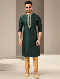 Dark Green Colour Banarasi Silk Fabric Mens Kurta Pajama.