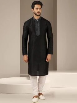 Black Colour Mens Kurta Pajama In Banarasi Silk Fabric.