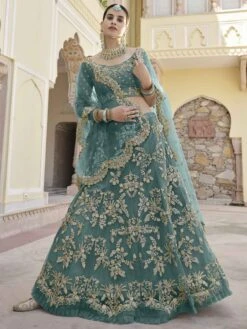 Green Colour Wedding Lehenga Choli In Net Fabric.