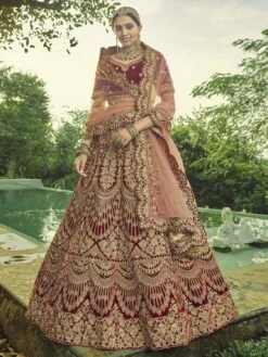 Velvet Fabric Wedding Lehenga Choli Maroon Colour.
