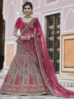 Pink Colour Wedding Lehenga Choli In Velvet Fabric.