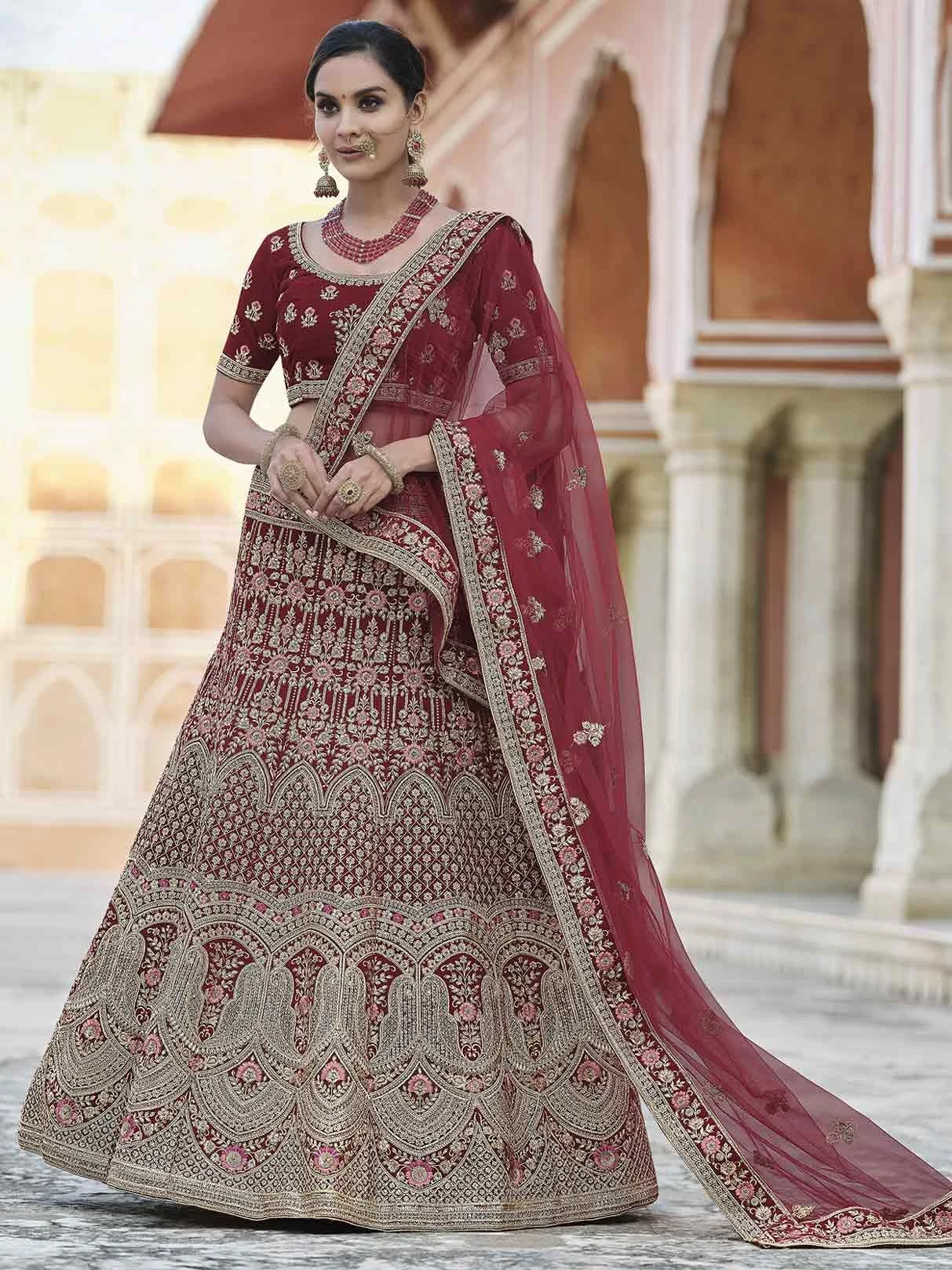 Maroon Colour Bridesmaid Lehenga Choli In Velvet Fabric. 3 Maroon Colour Bridesmaid Lehenga Choli In Velvet Fabric.