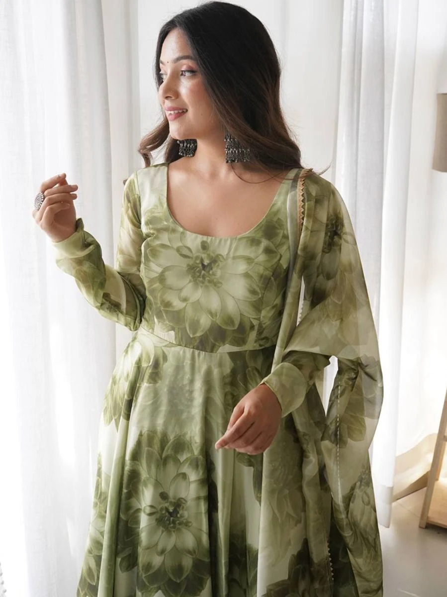 Green Floral Printed Anarkali Suit With Dupatta 3 Green Floral Printed Anarkali Suit With Dupatta