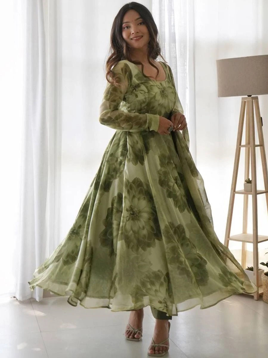 Green Floral Printed Anarkali Suit With Dupatta 4 Green Floral Printed Anarkali Suit With Dupatta - Image 2