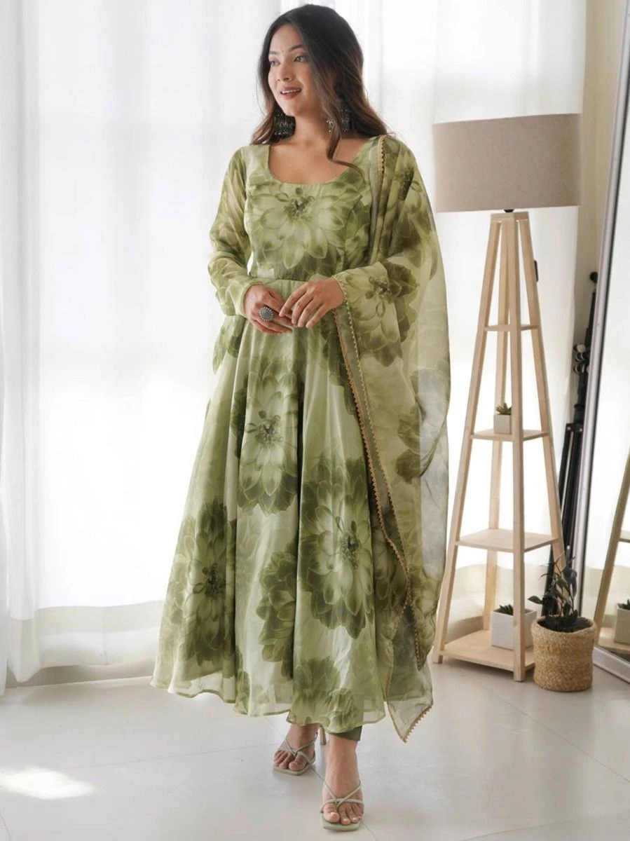 Green Floral Printed Anarkali Suit With Dupatta 5 Green Floral Printed Anarkali Suit With Dupatta - Image 3