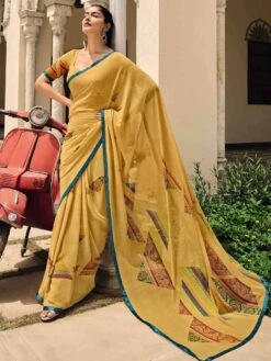 Yellow Printed Georgette Saree With Blouse