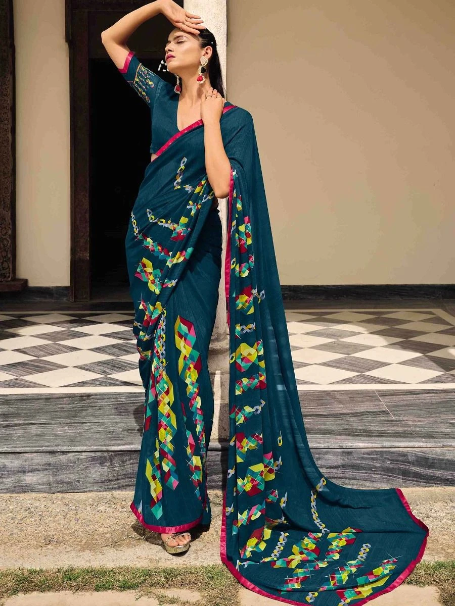 Blue Georgette Saree With Geometric Prints 3 Blue Georgette Saree With Geometric Prints
