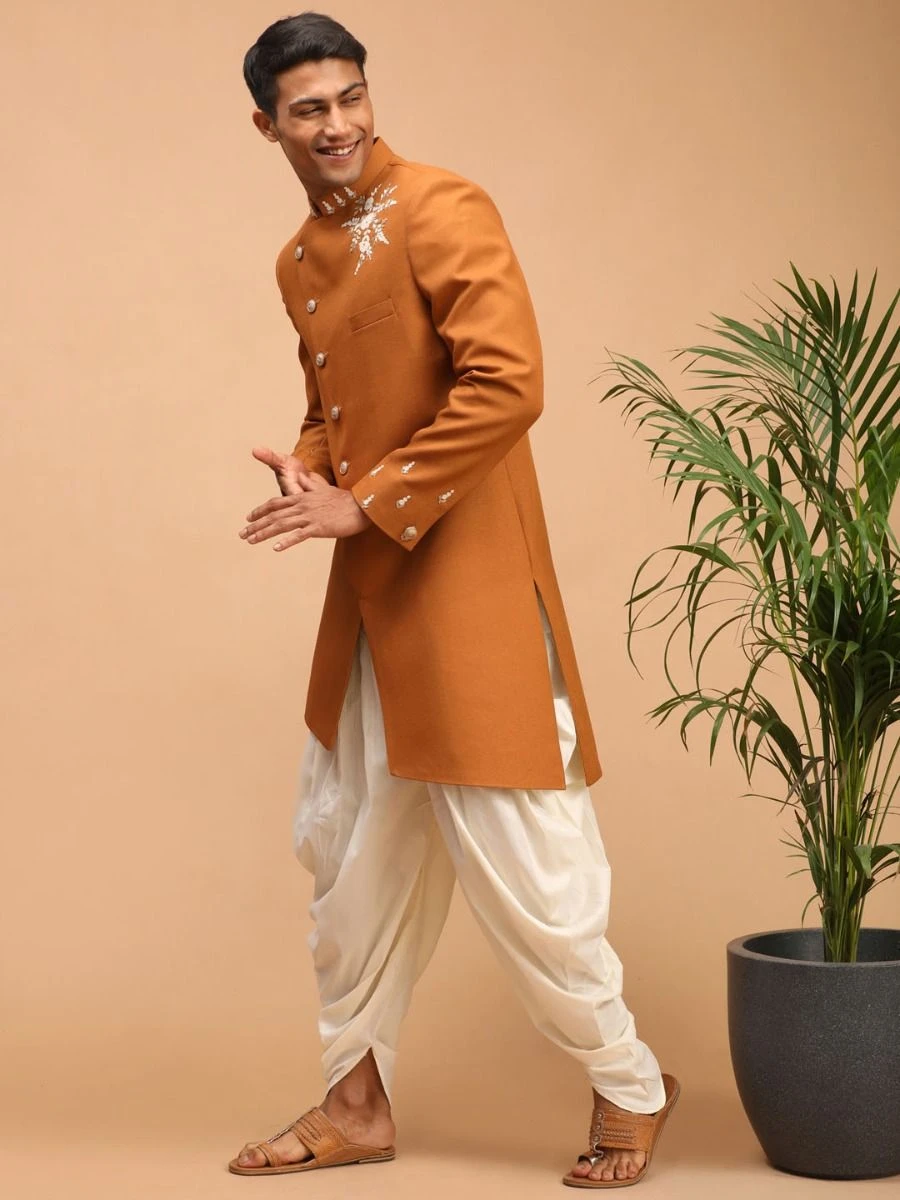 Yellow Embroidered Asymmetric Sherwani With Dhoti 4 Yellow Embroidered Asymmetric Sherwani With Dhoti - Image 2